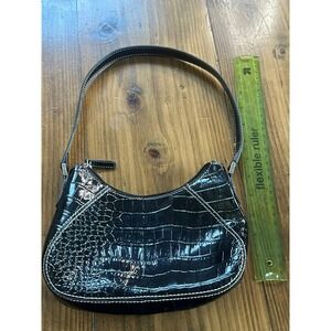 Liz Claiborne Black Croc Embossed Patent Leather Baguette Shoulder Bag Y2K